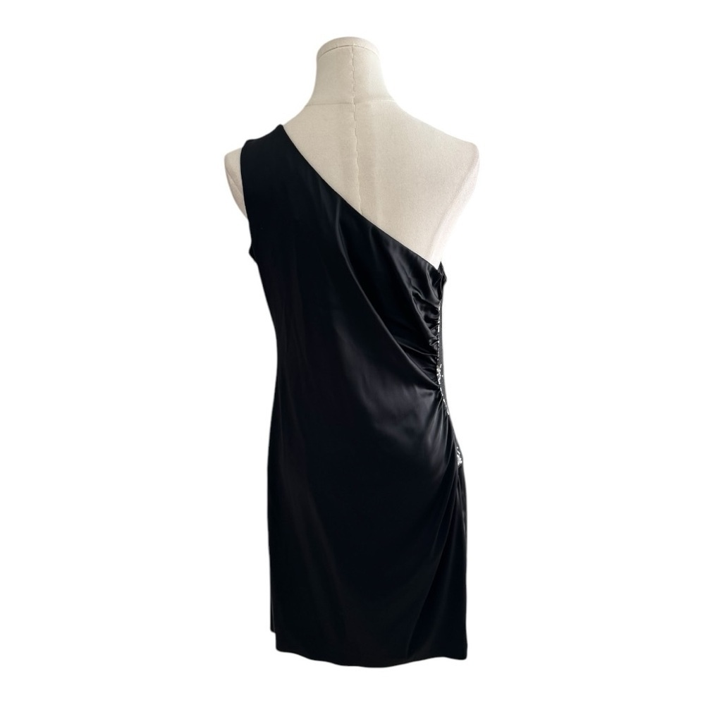 CALVIN KLEIN Black One Shoulder Mini Satin Dress Sequin Ruched Size M L 8 10 - Picture 3 of 8